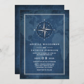 Nautische Marine Blauw & Wit  Kompas Bruiloft Kaart (Voorkant / Achterkant)