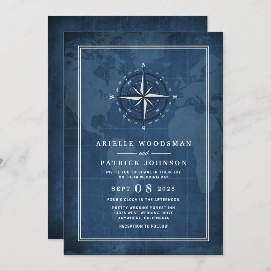 Nautische Marine Blauw & Wit  Kompas Bruiloft Kaart (Voorkant / Achterkant)