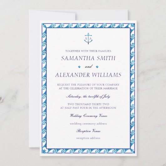 Nautische Marine Blauw Wit Monogram Anker Wedding Kaart (Voorkant)