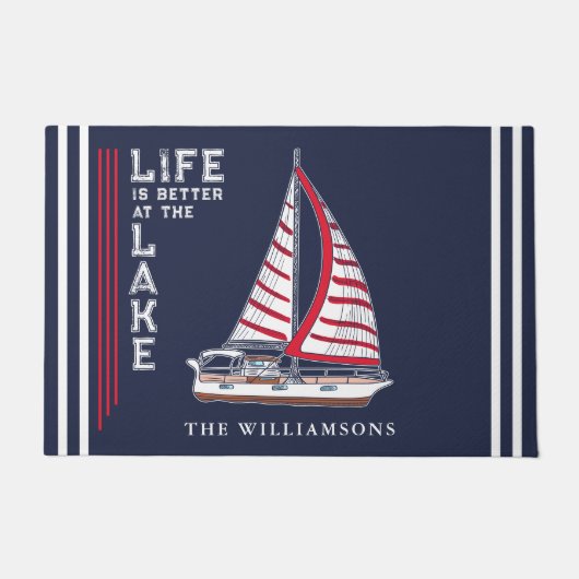 Nautische Marine Blauw Wit Rood Zeilboot Lake Hous Deurmat (Voorkant)