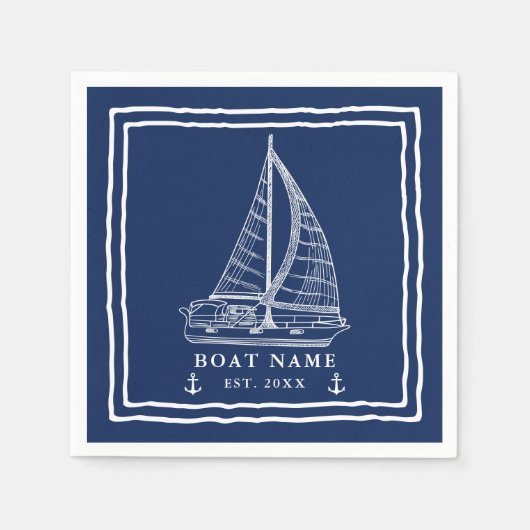 Nautische Marine Blauw Wit Zeilboot Anker Boot Naa Servet (Voorkant)