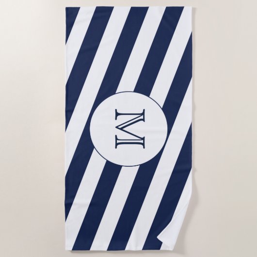 Nautische Marine Blauw & Witte Streep Custom Monog Strandlaken (Voorkant)