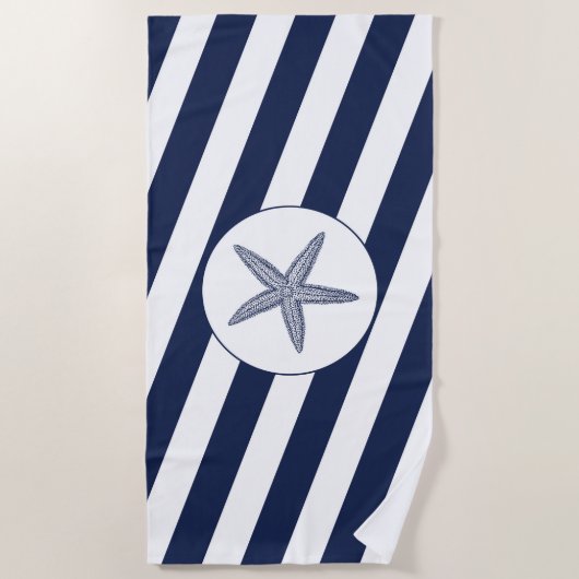 Nautische Marine Blauw & Witte Streep Zeester Strandlaken (Voorkant)