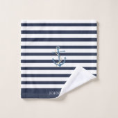 Nautische Marine Blauw & Witte Strepen Anker Naam Bad Handdoek (Wasdoekje)