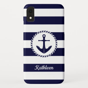 Nautische Marine Blauw-witte strepen met anker Case-Mate iPhone Case