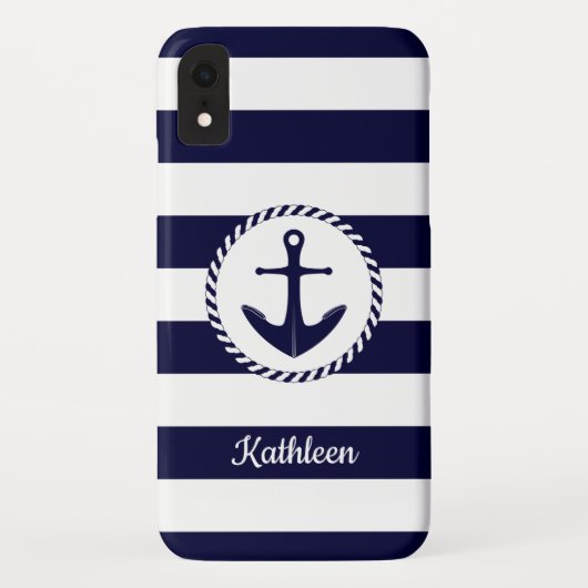 Nautische Marine Blauw-witte strepen met anker Case-Mate iPhone Case (Achterkant)