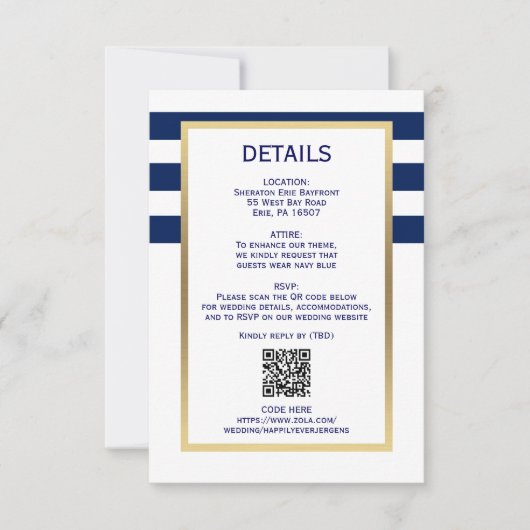 Nautische Marine Blauw Witte Strepen QR CODE Huwel RSVP Kaartje (Voorkant)