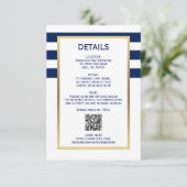 Nautische Marine Blauw Witte Strepen QR CODE Huwel RSVP Kaartje (Staand voorkant)