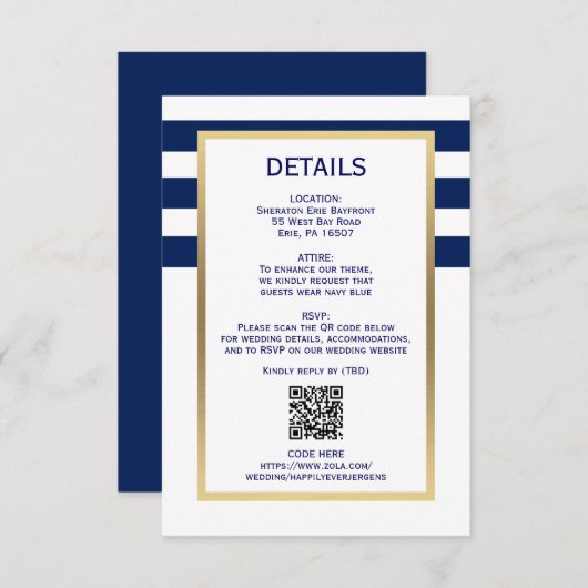 Nautische Marine Blauw Witte Strepen QR CODE Huwel RSVP Kaartje (Voorkant / Achterkant)