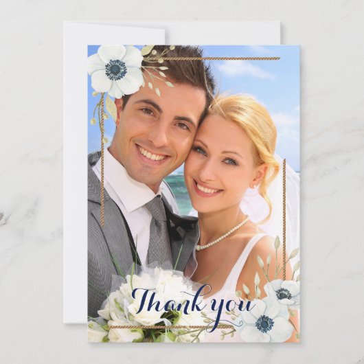 Nautische Marine Blauwe Anemoon Trouwfoto Dank u Bedankkaart (Voorkant)