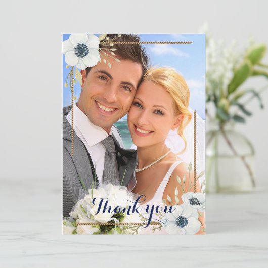 Nautische Marine Blauwe Anemoon Trouwfoto Dank u Bedankkaart (Staand voorkant)