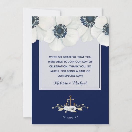 Nautische Marine Blauwe Anemoon Trouwfoto Dank u Bedankkaart (Achterkant)