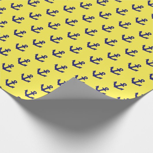 Nautische marine blauwe ankers op citroengeel cadeaupapier (Hoek)