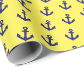 Nautische marine blauwe ankers op citroengeel cadeaupapier (Rol Hoek)