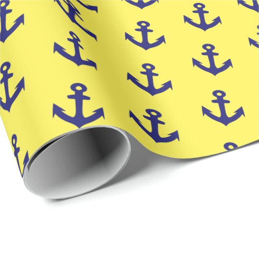 Nautische marine blauwe ankers op citroengeel cadeaupapier (Rol Hoek)