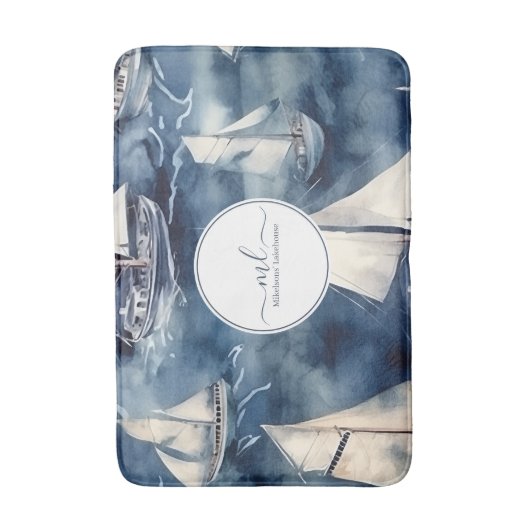 Nautische marine blauwe boot monogram badmat (Voorkant Verticaal)