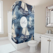 Nautische marine blauwe boot monogram douchegordijn (In situ)