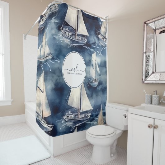 Nautische marine blauwe boot monogram douchegordijn (In situ)