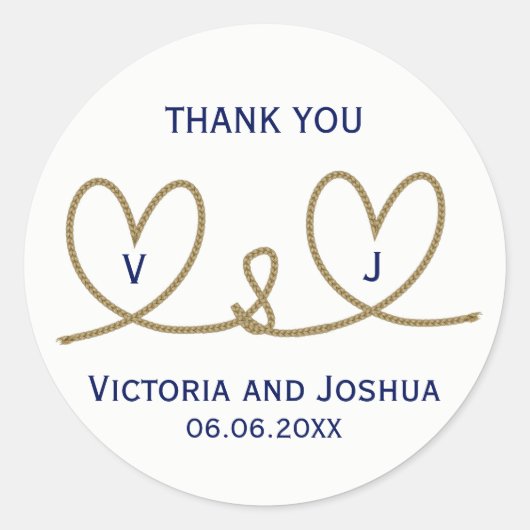 Nautische marine blauwe harten touw koord bruiloft ronde sticker (Voorkant)