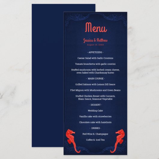 Nautische Marine Blauwe Koraal Zeepaardjes Strandb Menu (Voorkant / Achterkant)