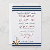 Nautische marine blauwe strepen anker bruiloft kaart (Voorkant)