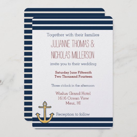 Nautische marine blauwe strepen anker bruiloft kaart (Voorkant / Achterkant)