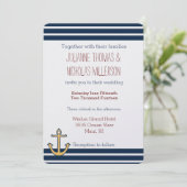 Nautische marine blauwe strepen anker bruiloft kaart (Staand voorkant)