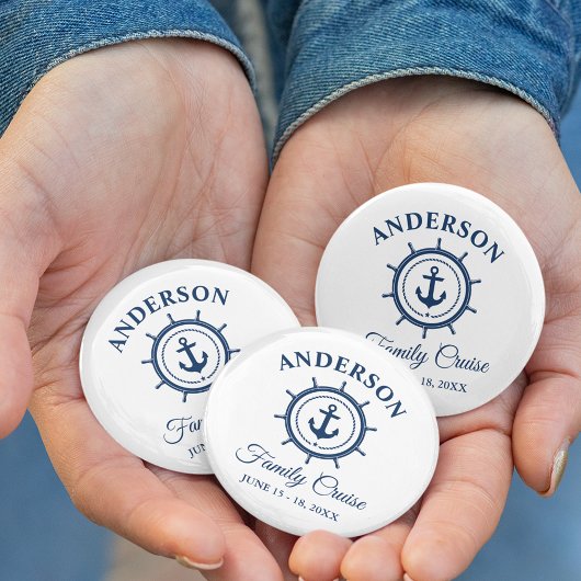 Nautische Marine Blue Anchor Helm Family Cruise Ronde Button 5,7 Cm