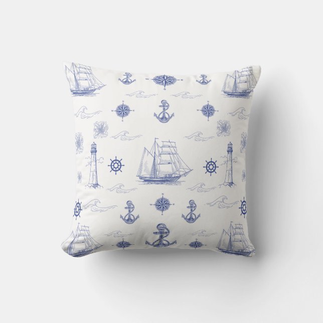 Nautische Marine Blue Coastal Beach Schepen Kussen (Voorkant)