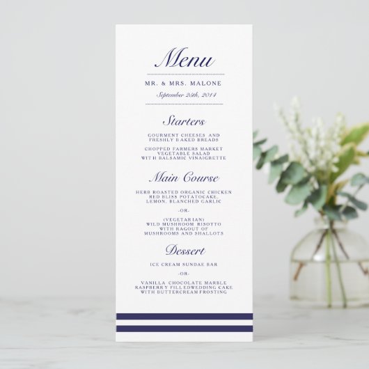Nautische Marine bruiloft diner menu (Staand voorkant)