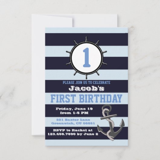 Nautische Marine Eerste Verjaardag Uitnodigingen (Voorkant)