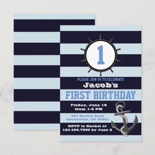 Nautische Marine Eerste Verjaardag Uitnodigingen (Voorkant / Achterkant)