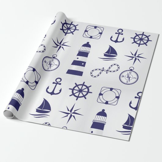 Nautische marine-elementen Navy Blue kusticonen Cadeaupapier (Uitgerold)
