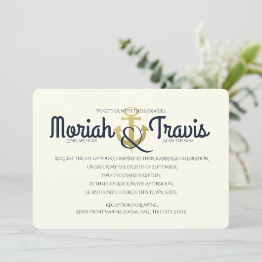 Nautische marine en gouden anker bruiloft kaart (Staand voorkant)