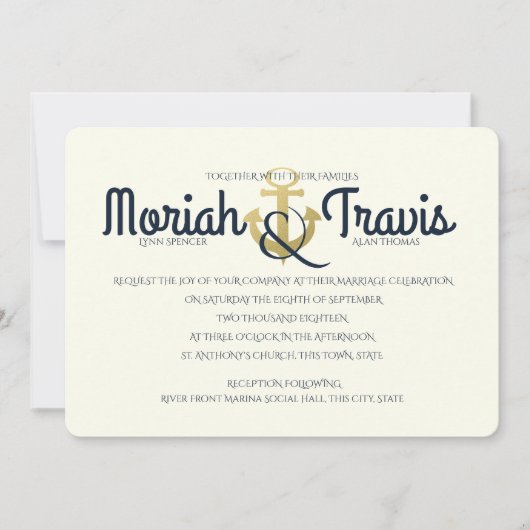 Nautische marine en gouden anker bruiloft kaart (Voorkant)