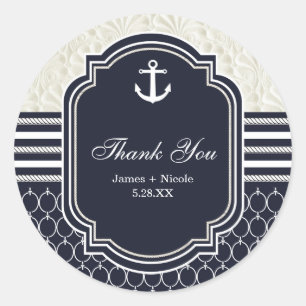 Nautische marine- en witte elegante strandbruiloft ronde sticker