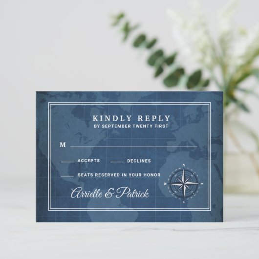 Nautische Marine en Witte  Kompas RSVP-Kaarten RSVP Kaartje (Staand voorkant)