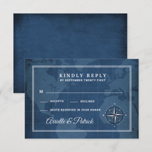 Nautische Marine en Witte  Kompas RSVP-Kaarten RSVP Kaartje (Voorkant / Achterkant)
