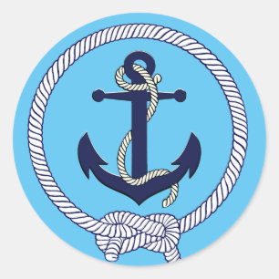 Nautische marine/lichtblauw silhouet ankertouw ronde sticker