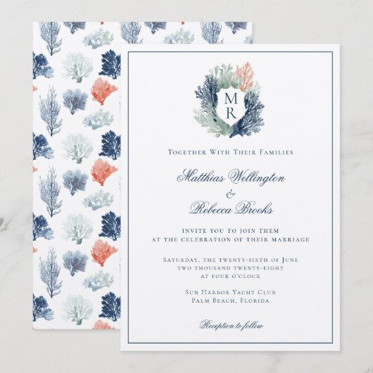 Nautische Marine Ocean Beach Monogram Huwelijk Kaart (Voorkant / Achterkant)