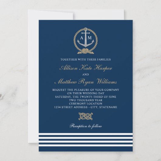 Nautische Marine Tan Anker Stripes Bruiloft Monogr Kaart (Voorkant)