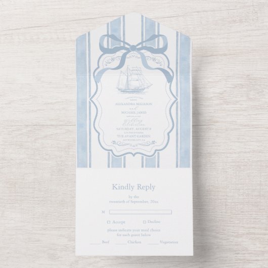 Nautische Marine White Stripes Boat Wedding All In One Uitnodiging (Binnen)