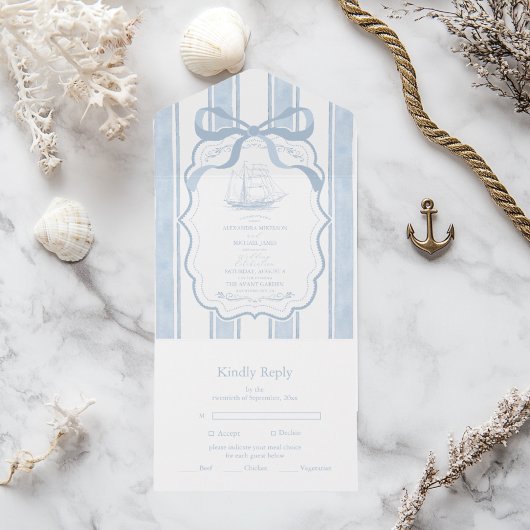 Nautische Marine White Stripes Boat Wedding All In One Uitnodiging