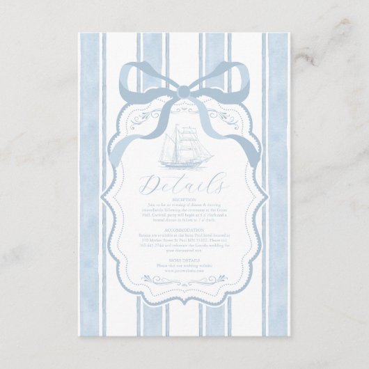 Nautische Marine White Stripes Boat Wedding Informatiekaartje (Voorkant)