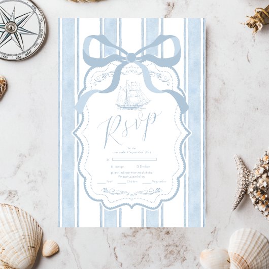 Nautische Marine White Stripes Boat Wedding RSVP Kaartje