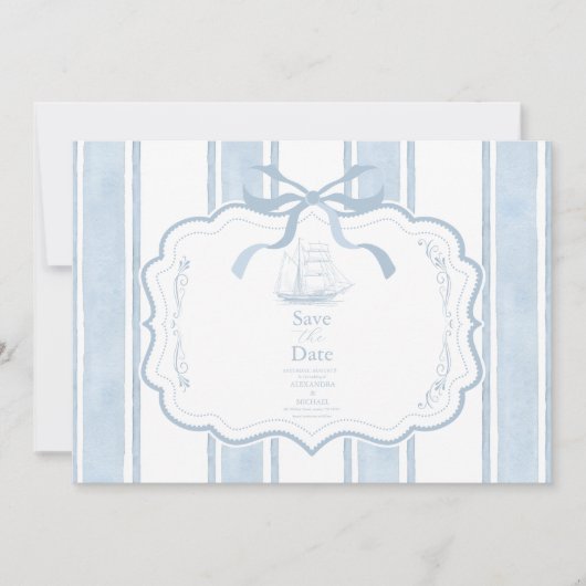 Nautische Marine White Stripes Boat Wedding Save The Date (Voorkant)