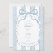 Nautische Marine White Stripes Boat Wedding Save The Date (Voorkant)
