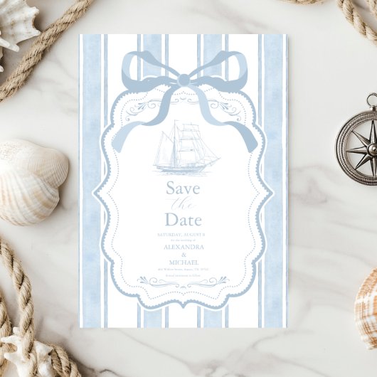 Nautische Marine White Stripes Boat Wedding Save The Date