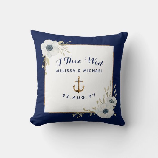 Nautische Marine & Witte Anemonen Ring Bearer Kussen (Voorkant)