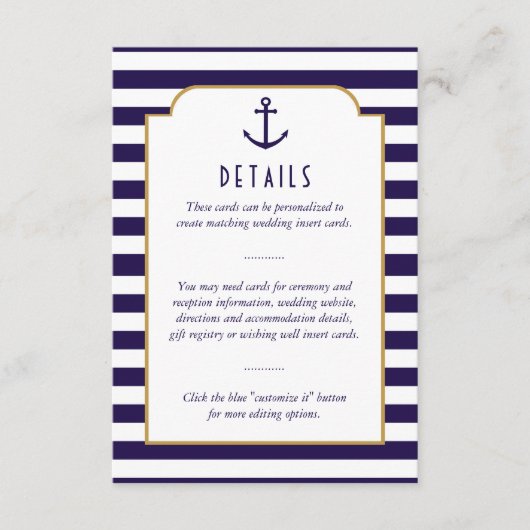Nautische marine & witte streep anker bruiloft det informatiekaartje (Voorkant)
